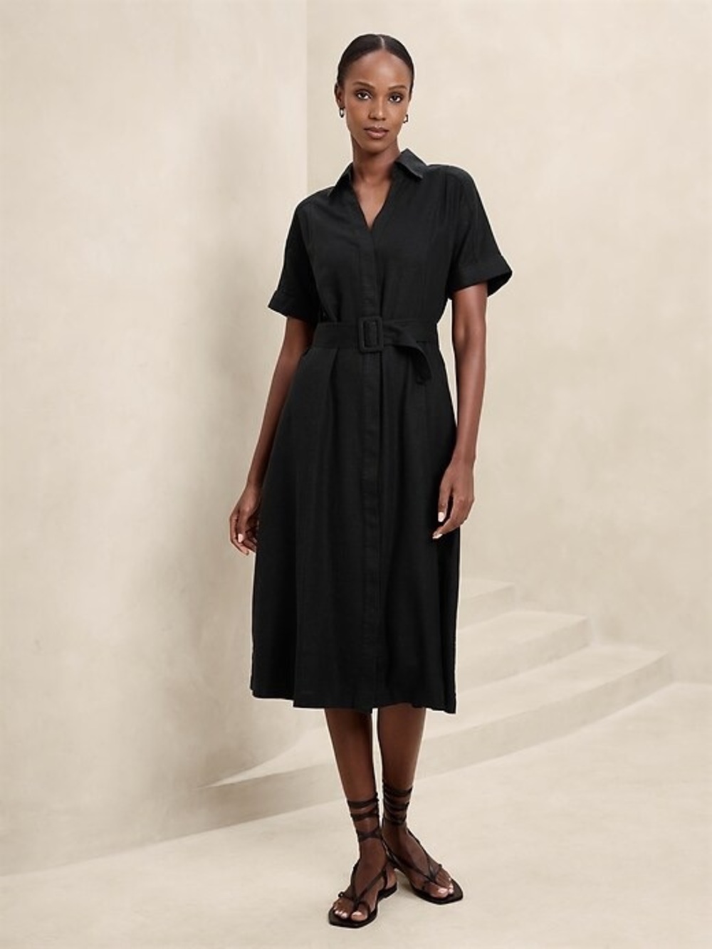 EUC Banana Republic Linen-Blend Midi Shirt Dress, size M, Black